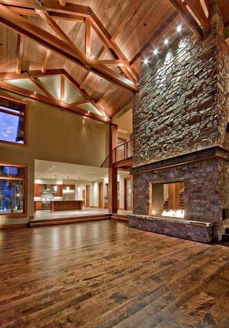 huge stone fireplace in big living room