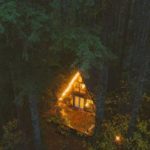 a frame cabin in the woods with lights