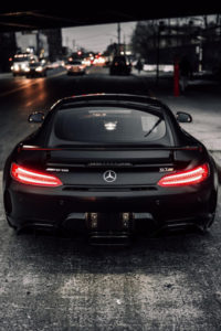 black Mercedes on city street