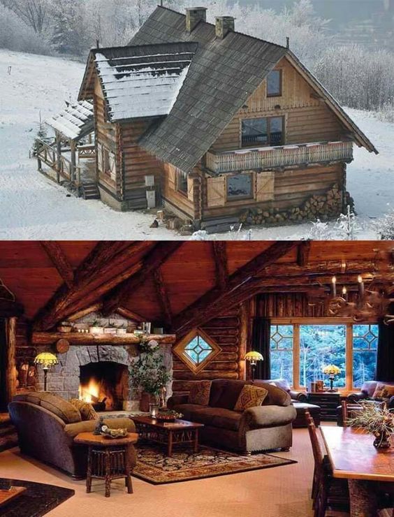 cabin snow interior and exterior