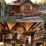 interior and exterior of stone and log cabin