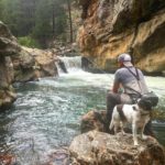 man fly fishing with his dog