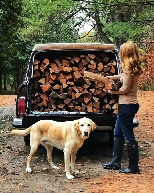 woman loading logs into back of truck