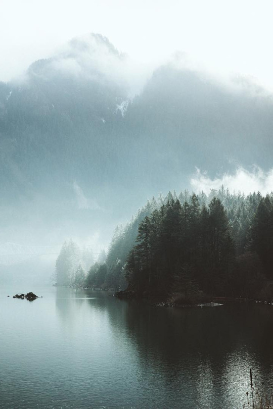 misty mountains and lake