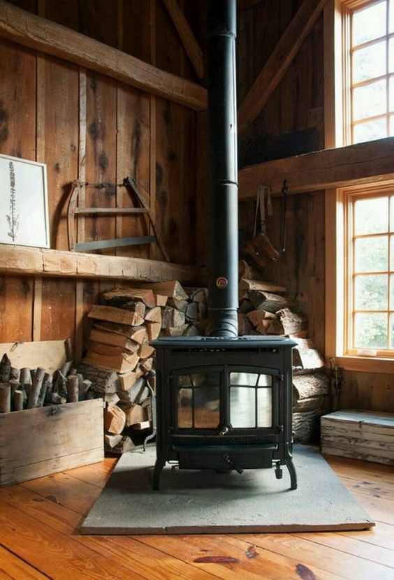 wood burning stove inside cozy cabin