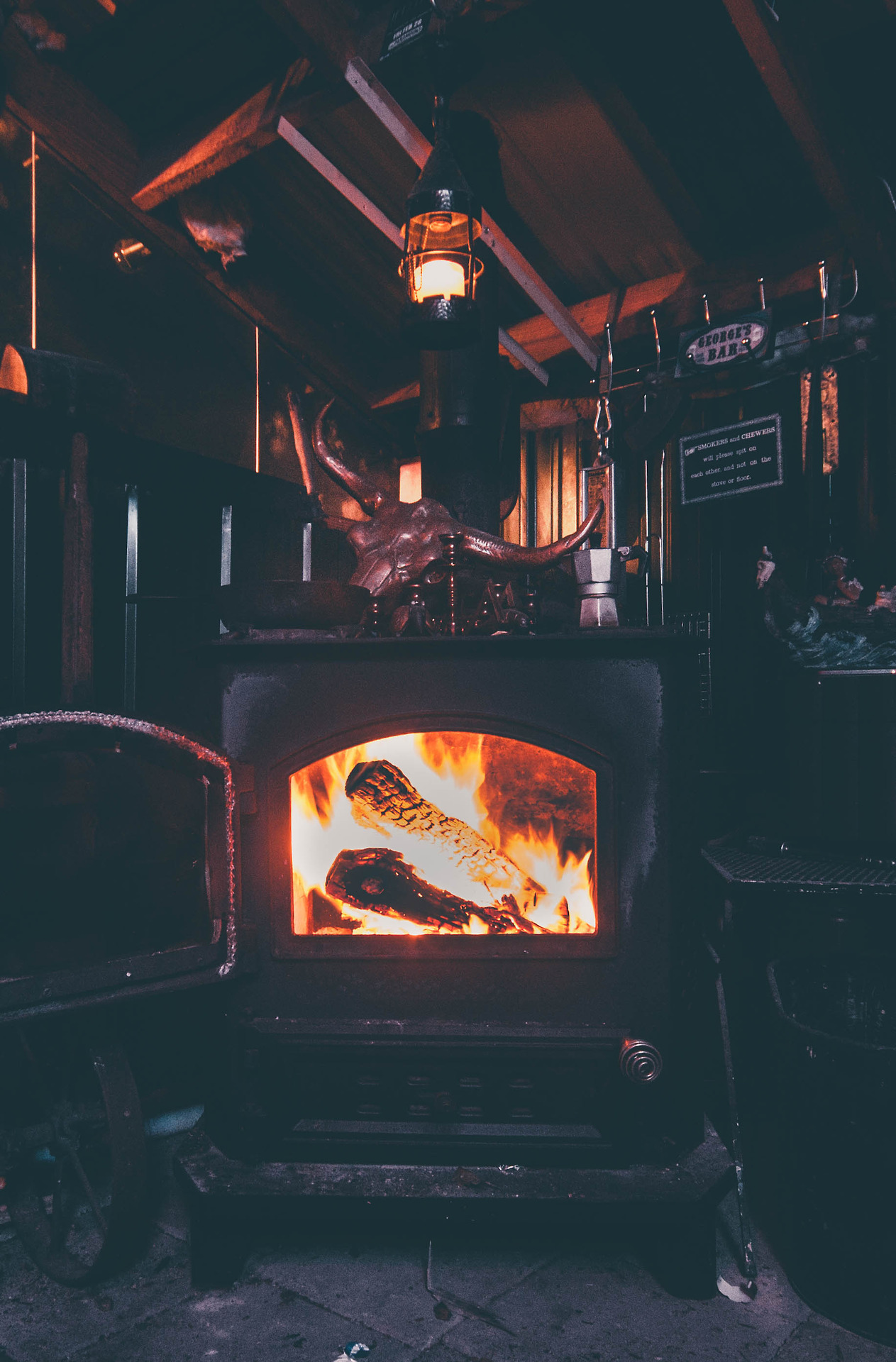 wood burning stove in cabin