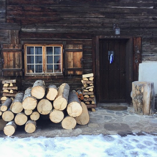 firewood stacked in front of cabin