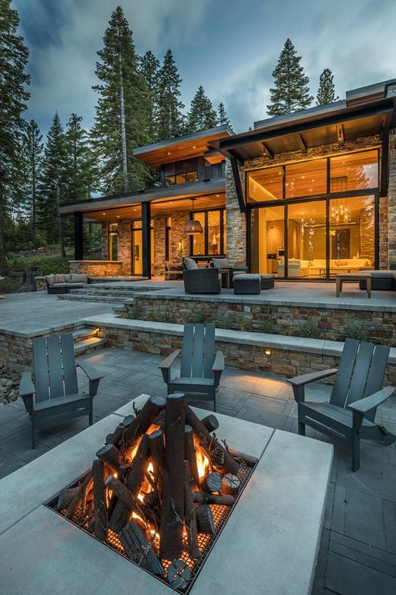 modern rustic home with firepit