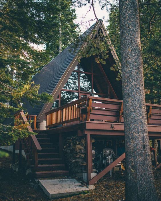 a frame cabin in the woods