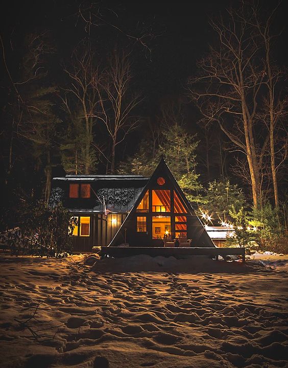 cabin night snow