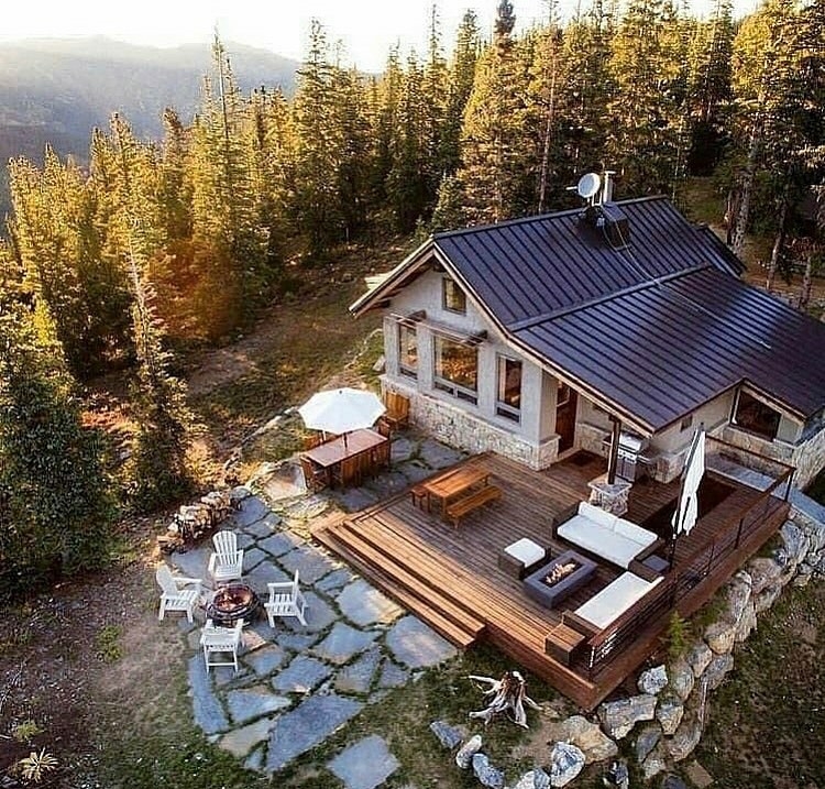 top down view of a cabin in the woods