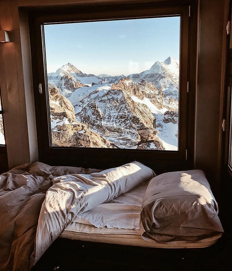 mountain view from bed