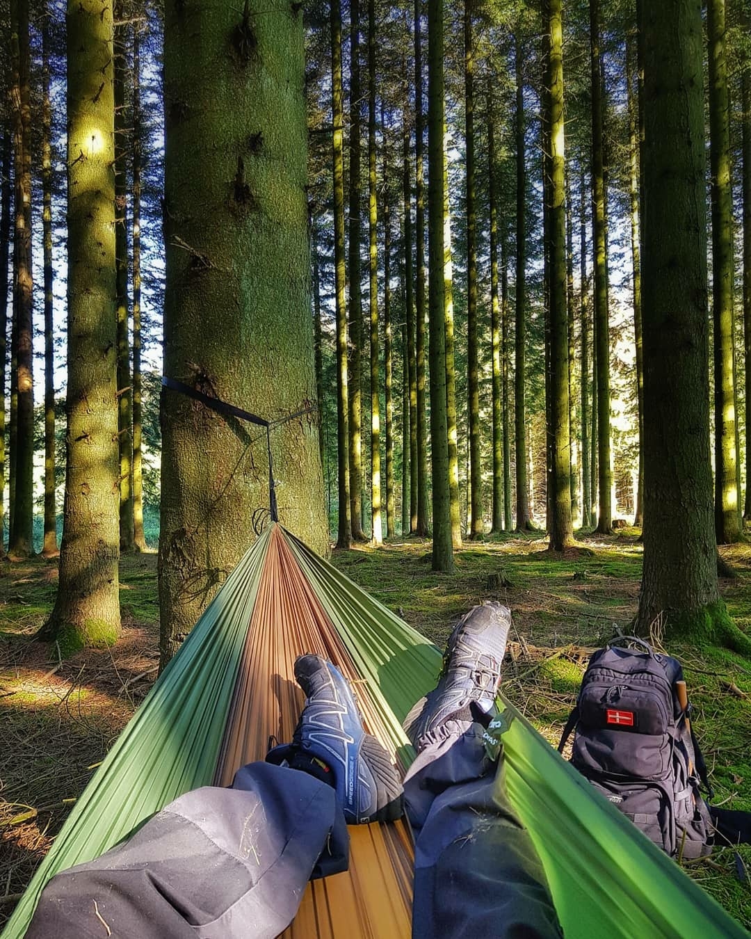 man relaxing on hammock in forest