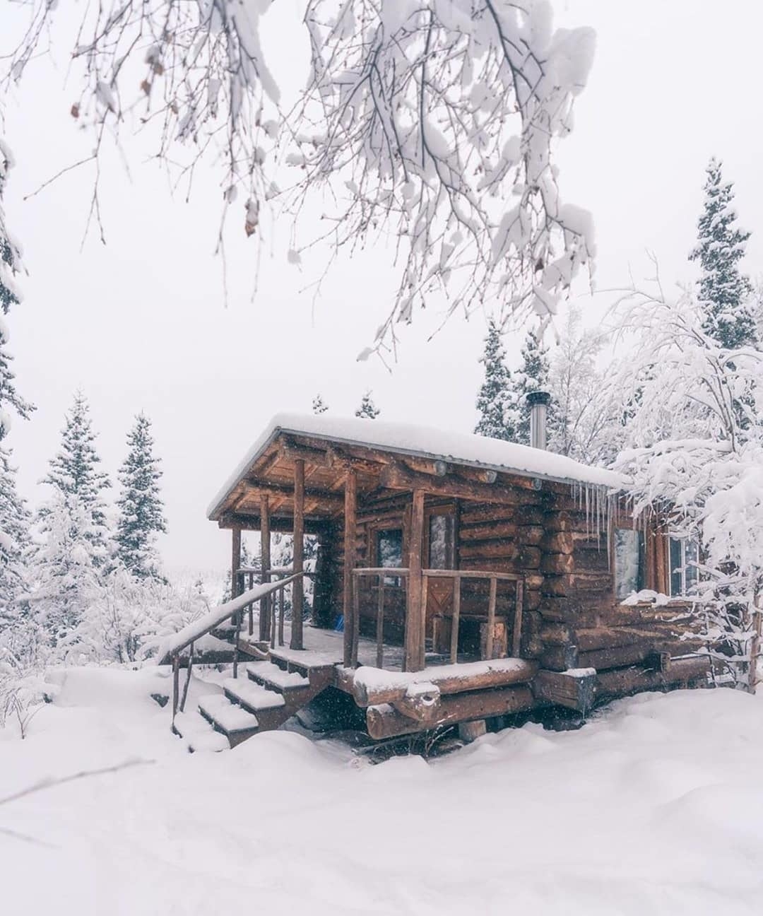 snowy cabin scene