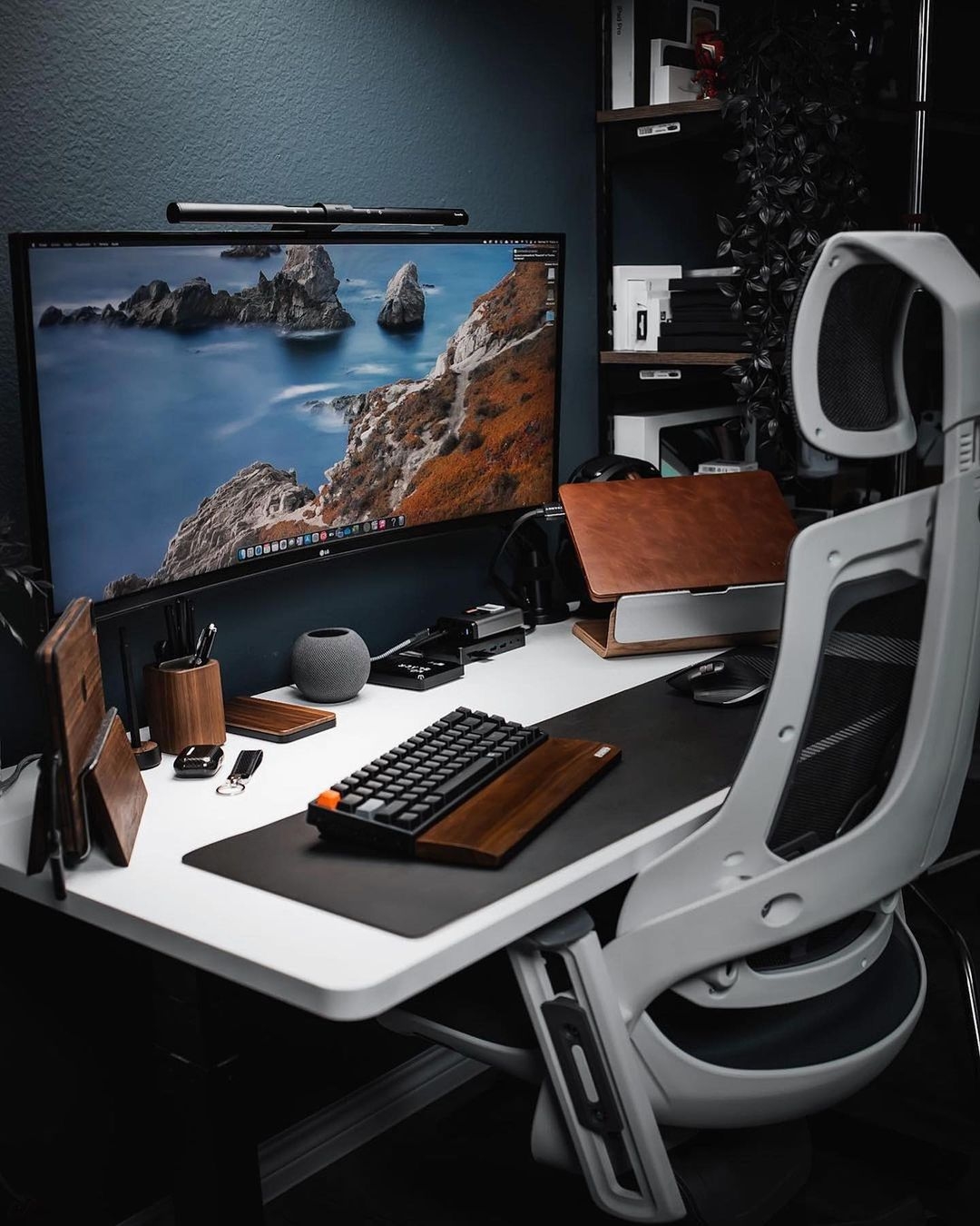 clean home pc setup with white chair